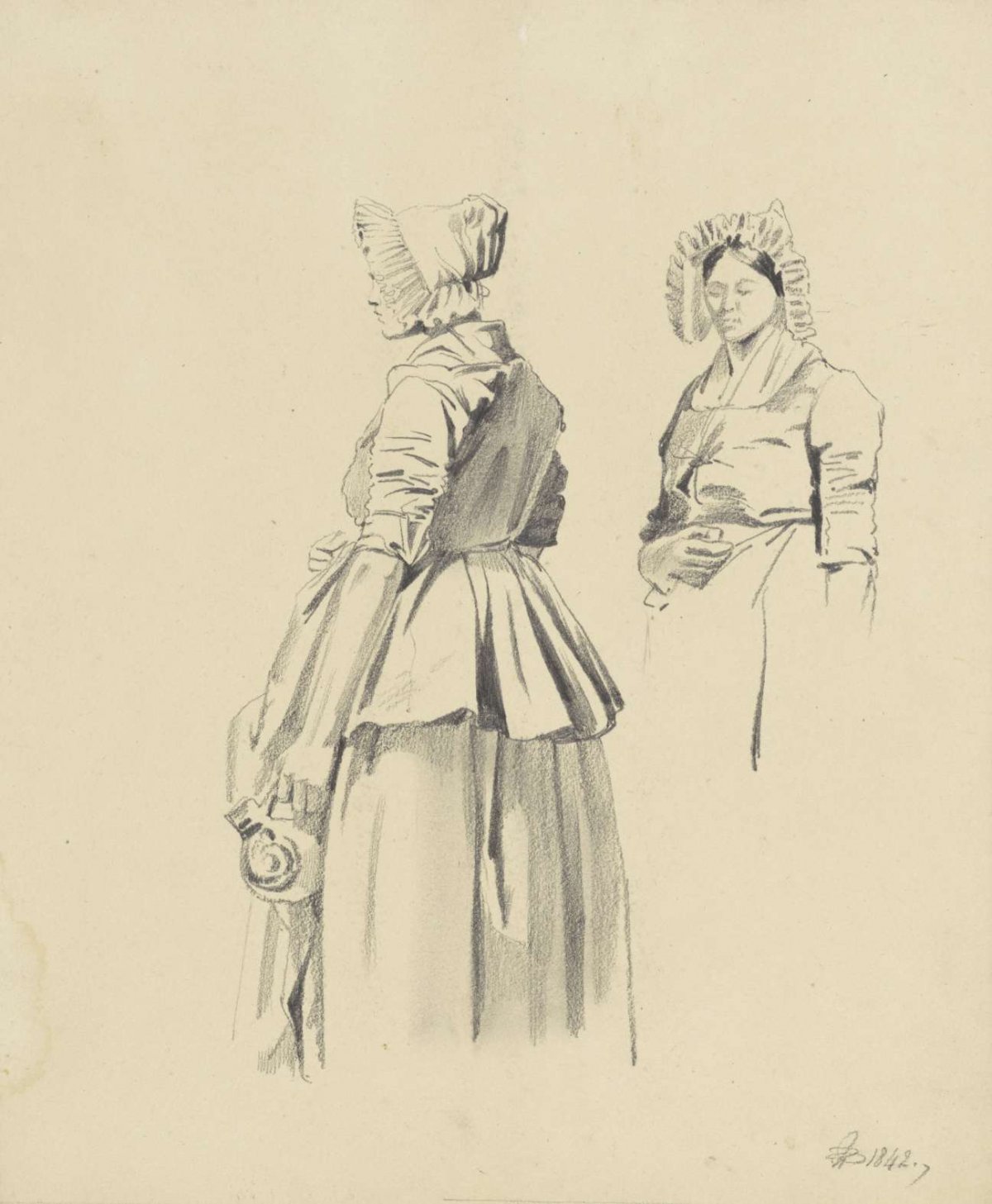 Two studies of a standing woman with pitcher, Pieter van Loon, 1842