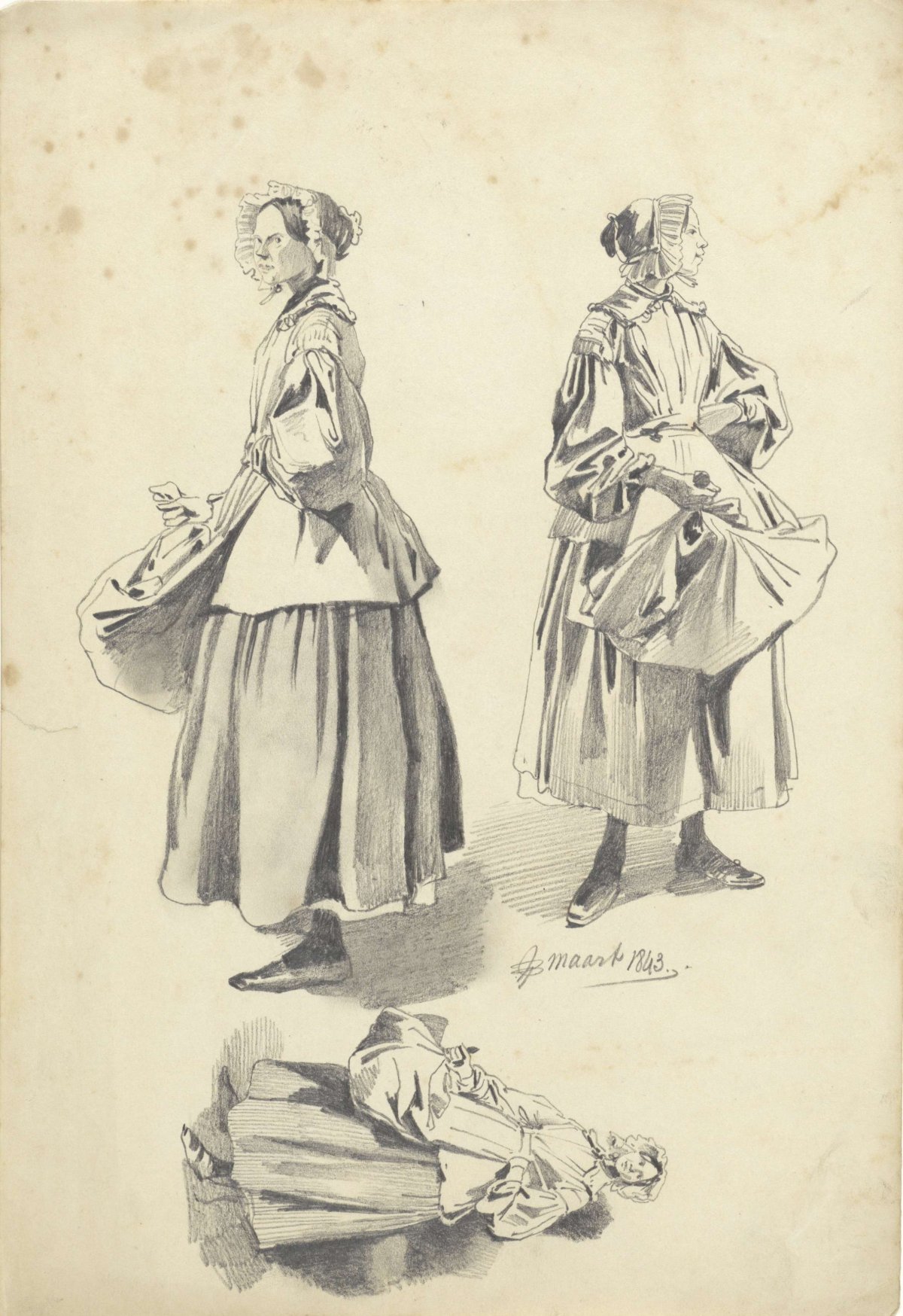 Three studies of a standing woman, Pieter van Loon, 1843
