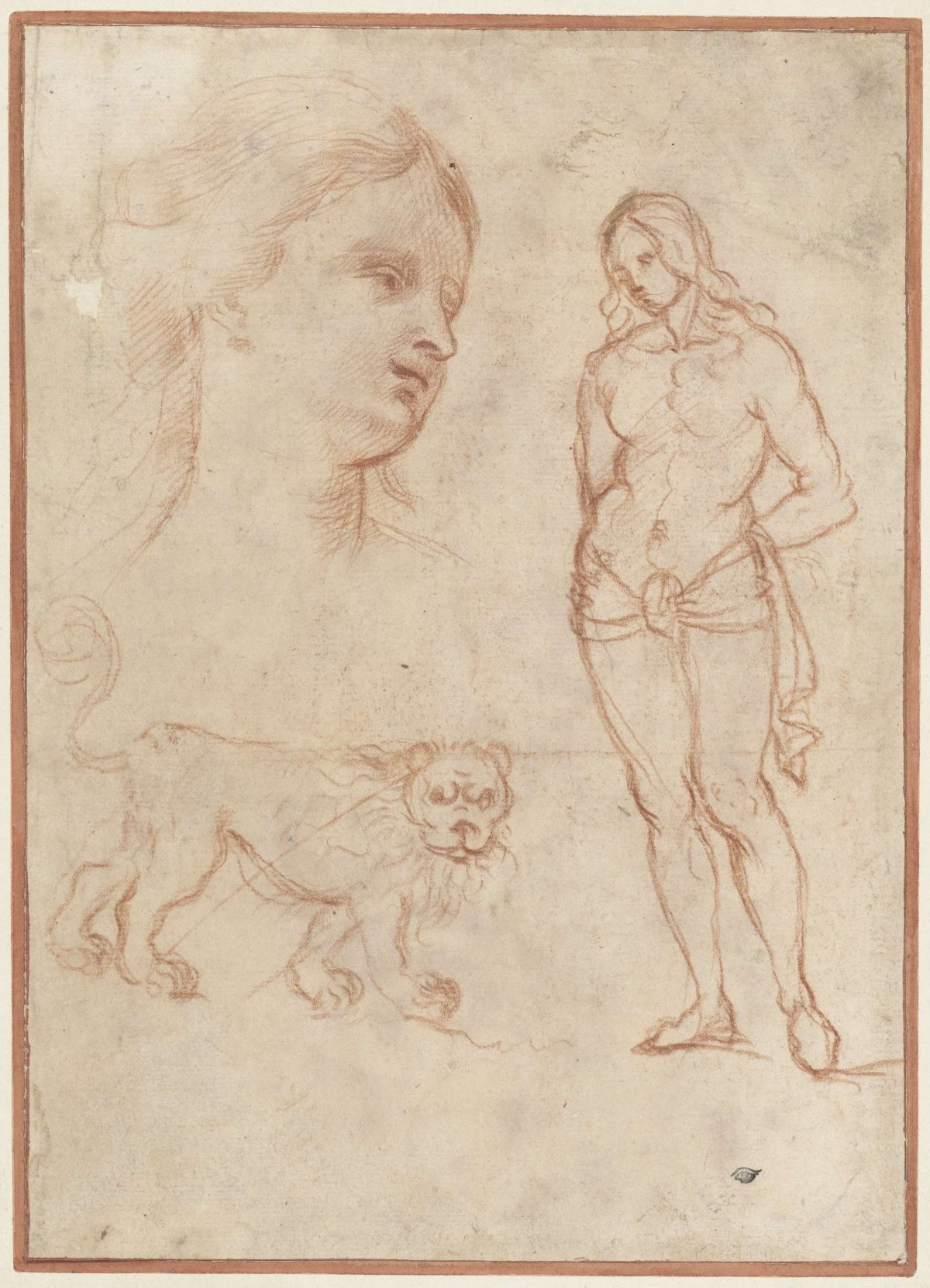 H. Sebastian, a lion and the head of a young woman, Agostino Carracci, 1567 - 1602