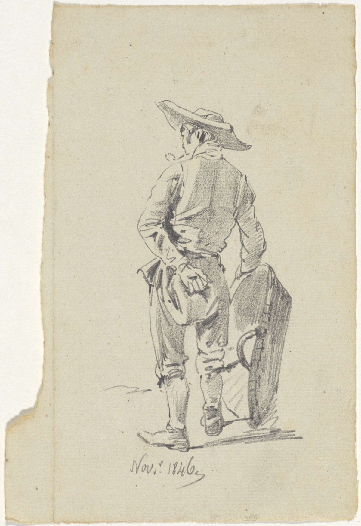 Standing man with a basket, seen from the back, Pieter van Loon, 1846