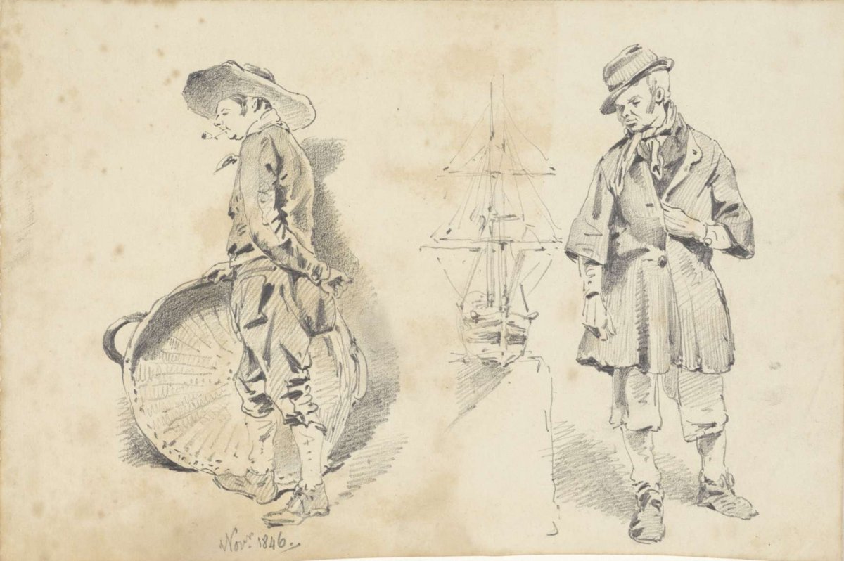 Standing men and a ship model, Pieter van Loon, 1846