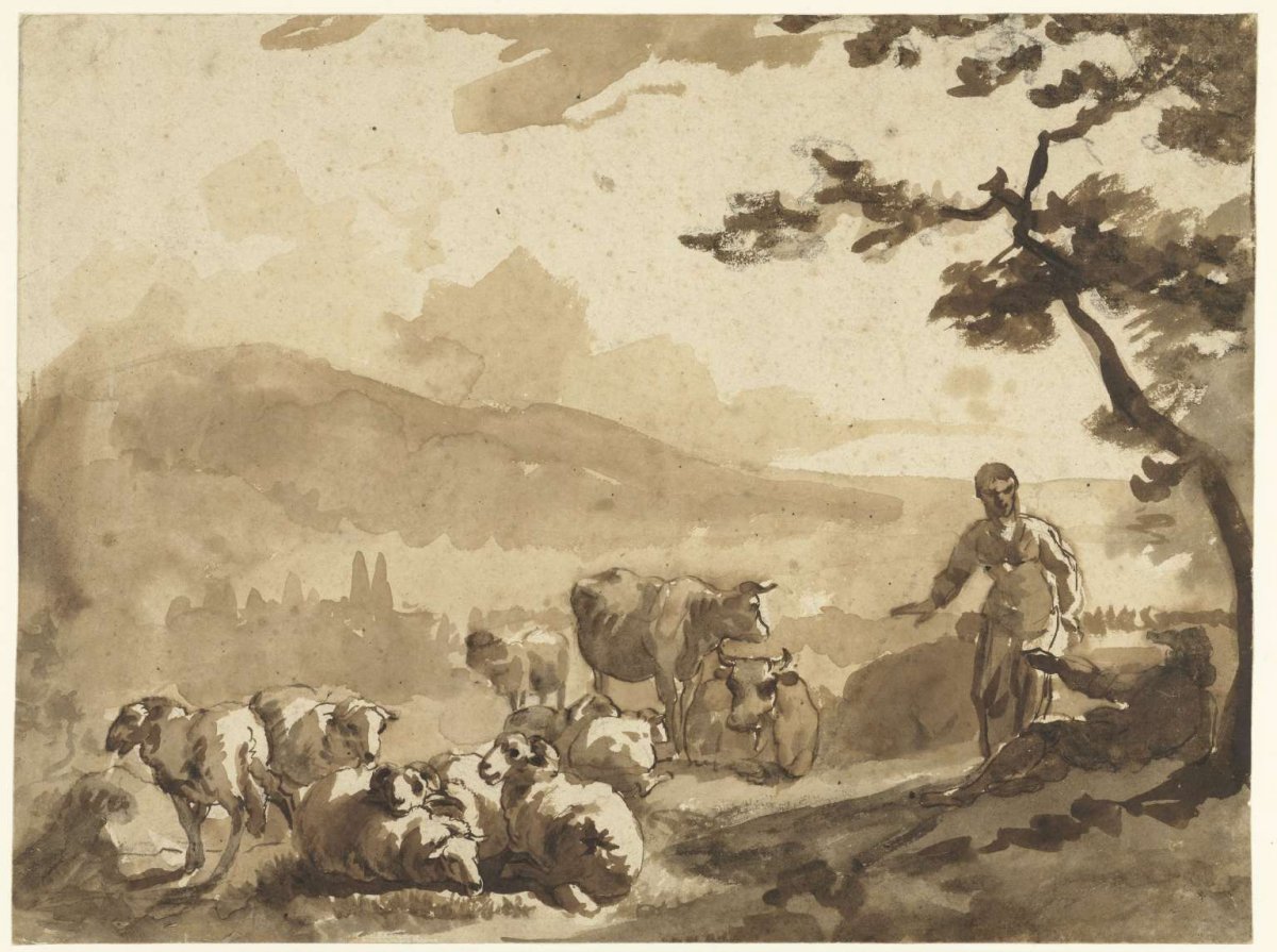 Mountain landscape with shepherds with their flock of sheep and cows, Karel du Jardin, 1632 - 1678