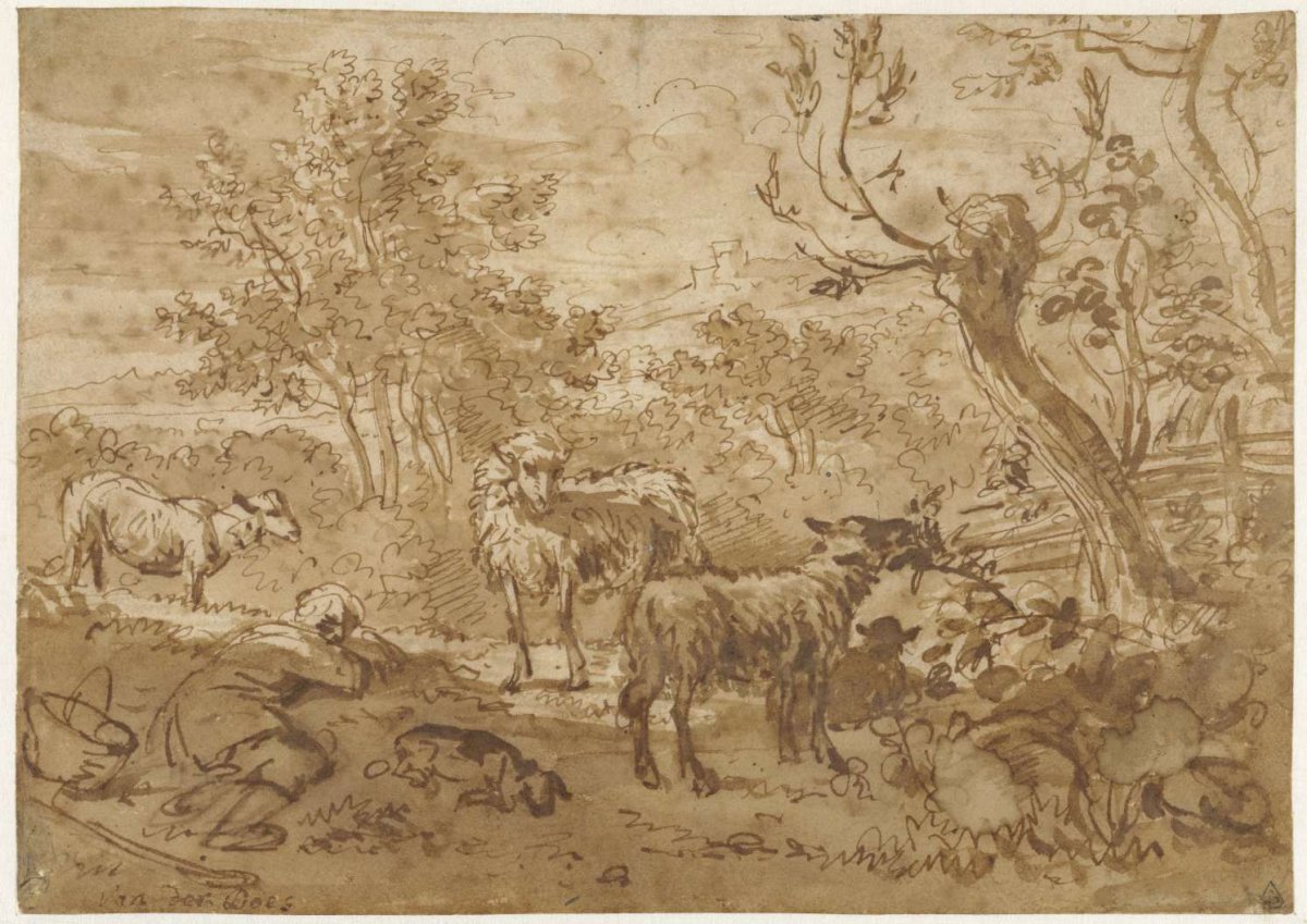 Sleeping Shepherd with Four Sheep, Simon van der Does, 1663 - 1718