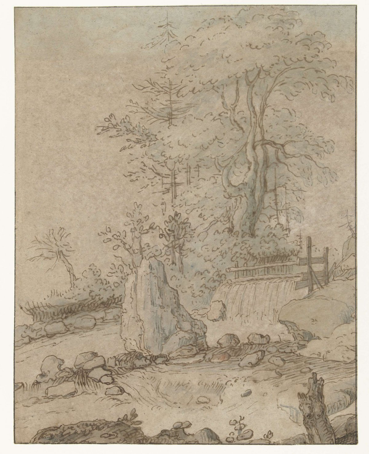 Rocky landscape with waterfall, anonymous, 1600 - 1650