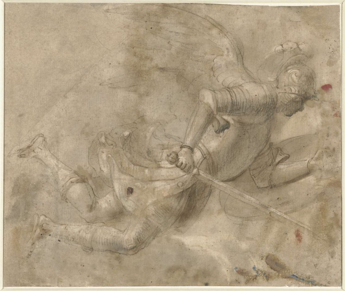 Aanvliegende geharnaste H. Michaël, anonymous, 1500 - 1599