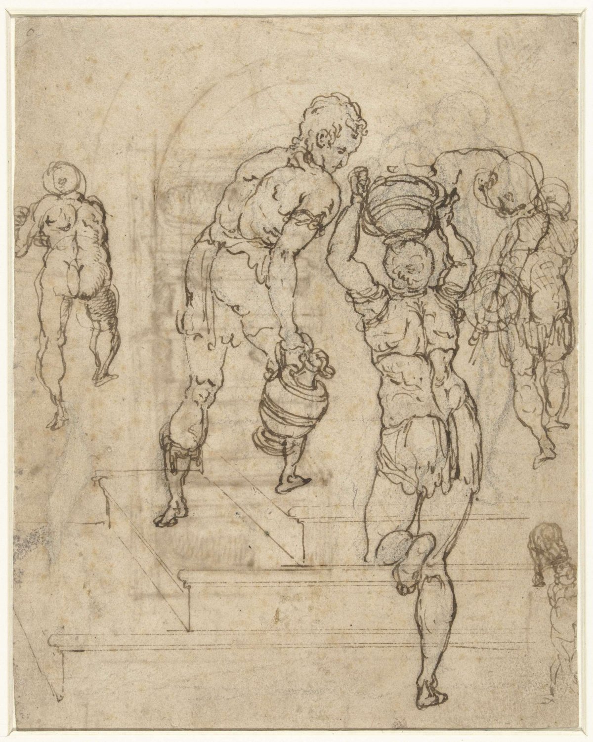 Study sheet with water-bearing figures climbing a staircase, anonymous, 1500 - 1599