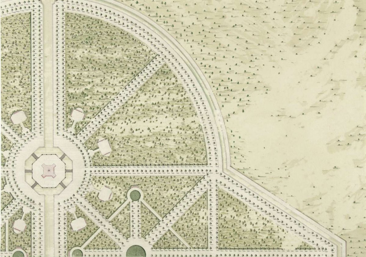 Portion of a floor plan with landscaping, anonymous, 1700 - 1725