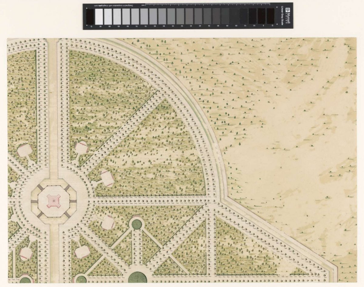Portion of a floor plan with landscaping, anonymous, 1700 - 1725