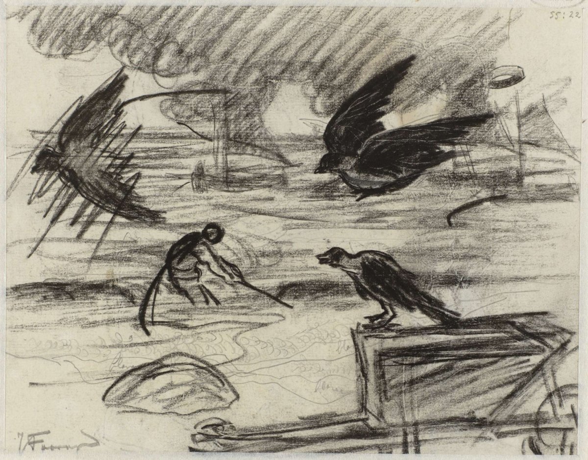 Seascape with fisherman, in the foreground a wheelbarrow with birds, Jan Toorop, 1868 - 1928