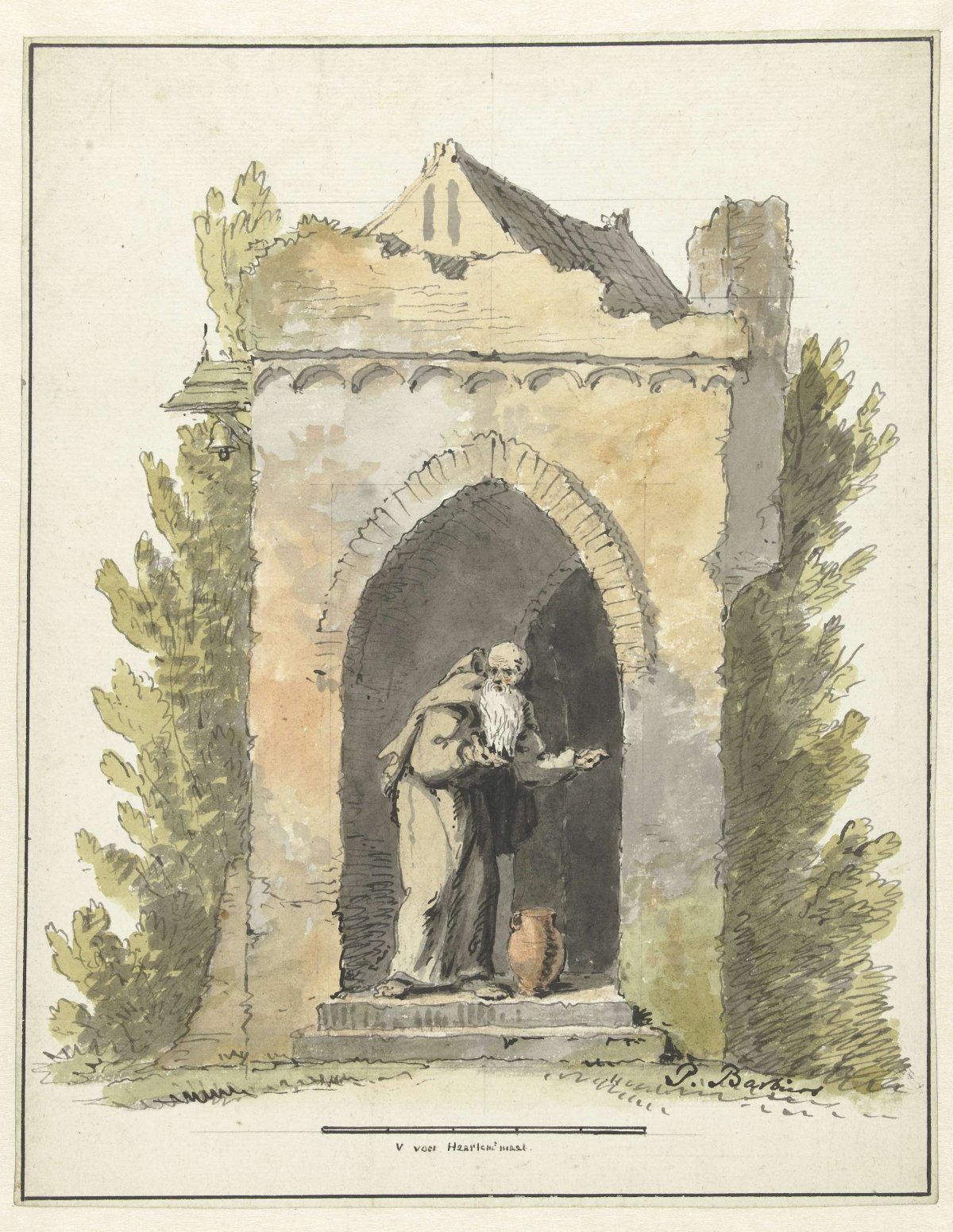 Hermit in front of a stone chapel, Pieter Bartholomeusz. Barbiers, c. 1782 - c. 1837
