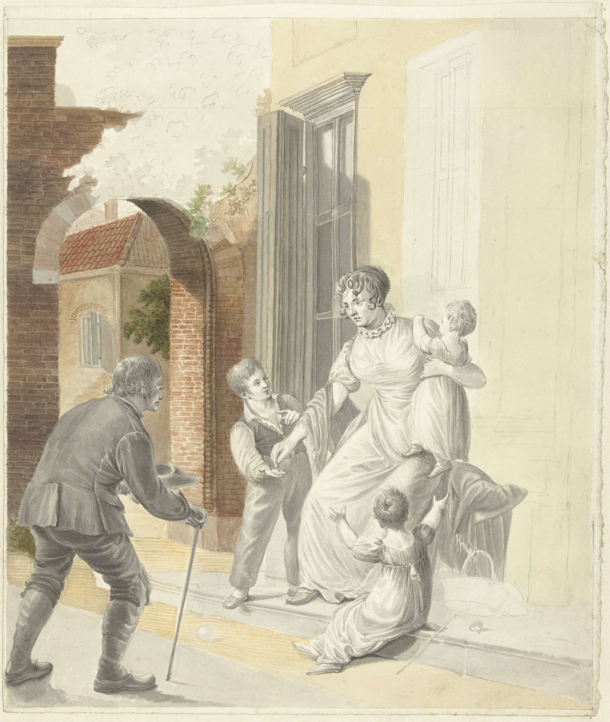 Beggar receives alms from a lady, Pieter Bartholomeusz. Barbiers, 1782 - 1837