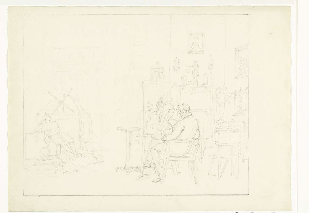 Painter working from a model, Pieter Bartholomeusz. Barbiers, 1782 - 1837