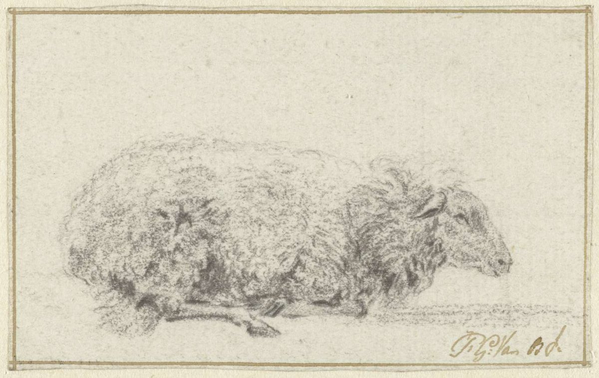Reclining sheep, from the side, to the right, Pieter Gerardus van Os, 1786 - 1839