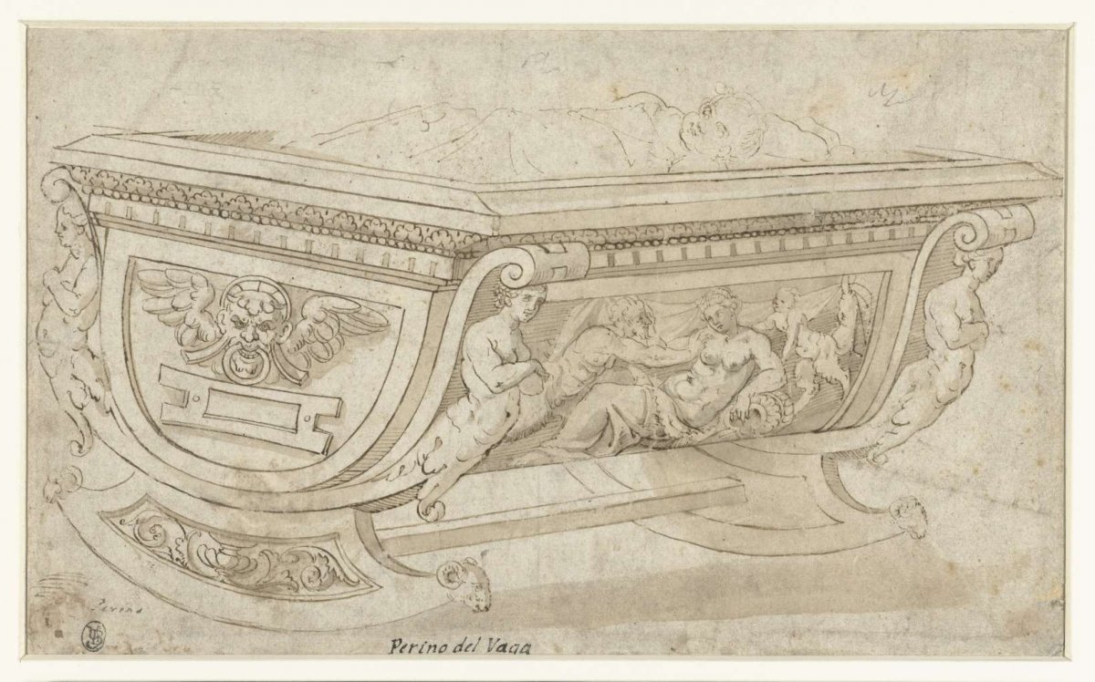 Design for a wooden cradle on two swing legs, Perino del Vaga, 1530 - 1620