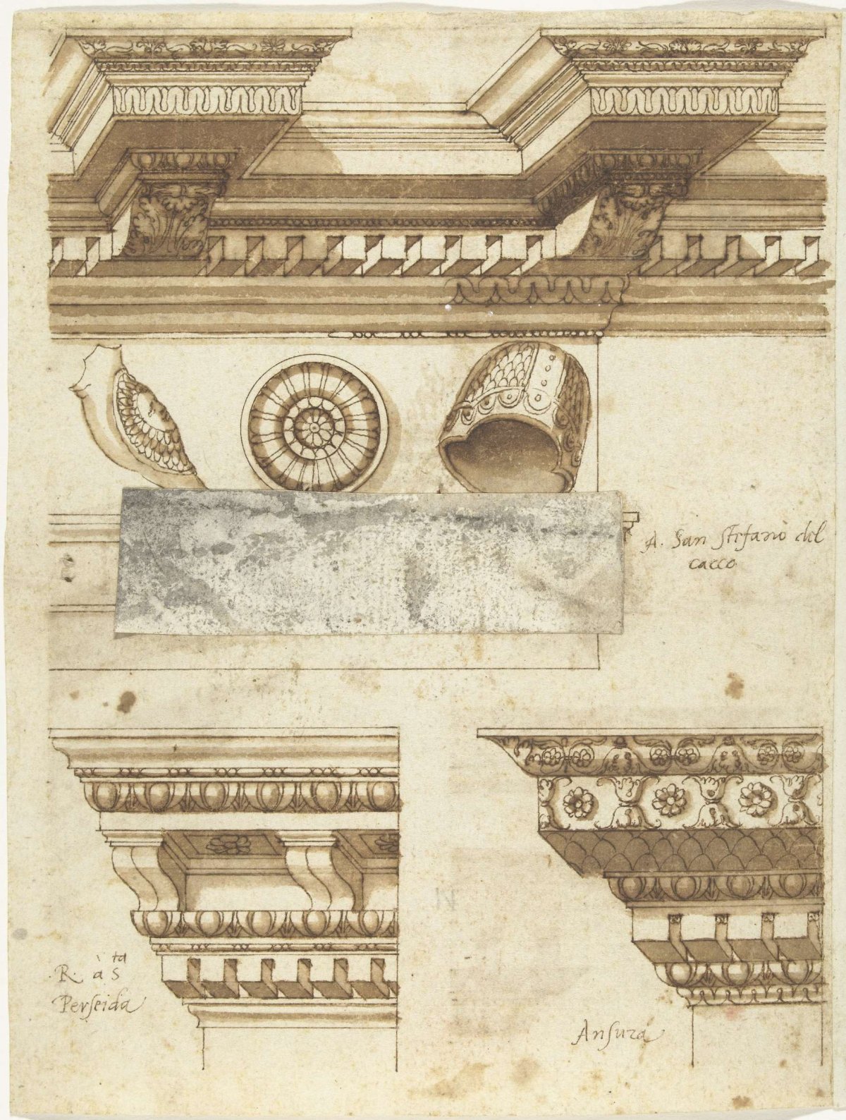 Three cornices, a helmet and some ornaments, anonymous, 1500 - 1599
