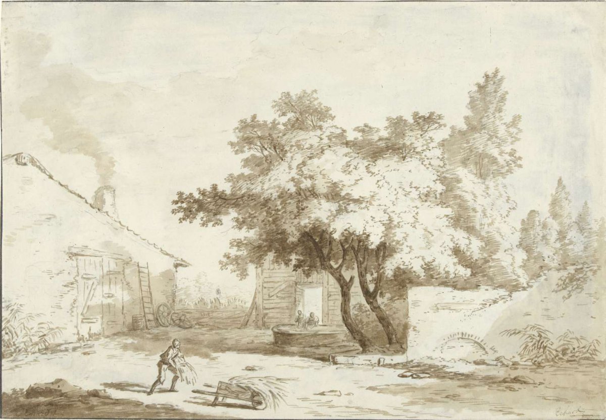Farmhouse with big trees and people, Charles Echard, 1758 - 1810