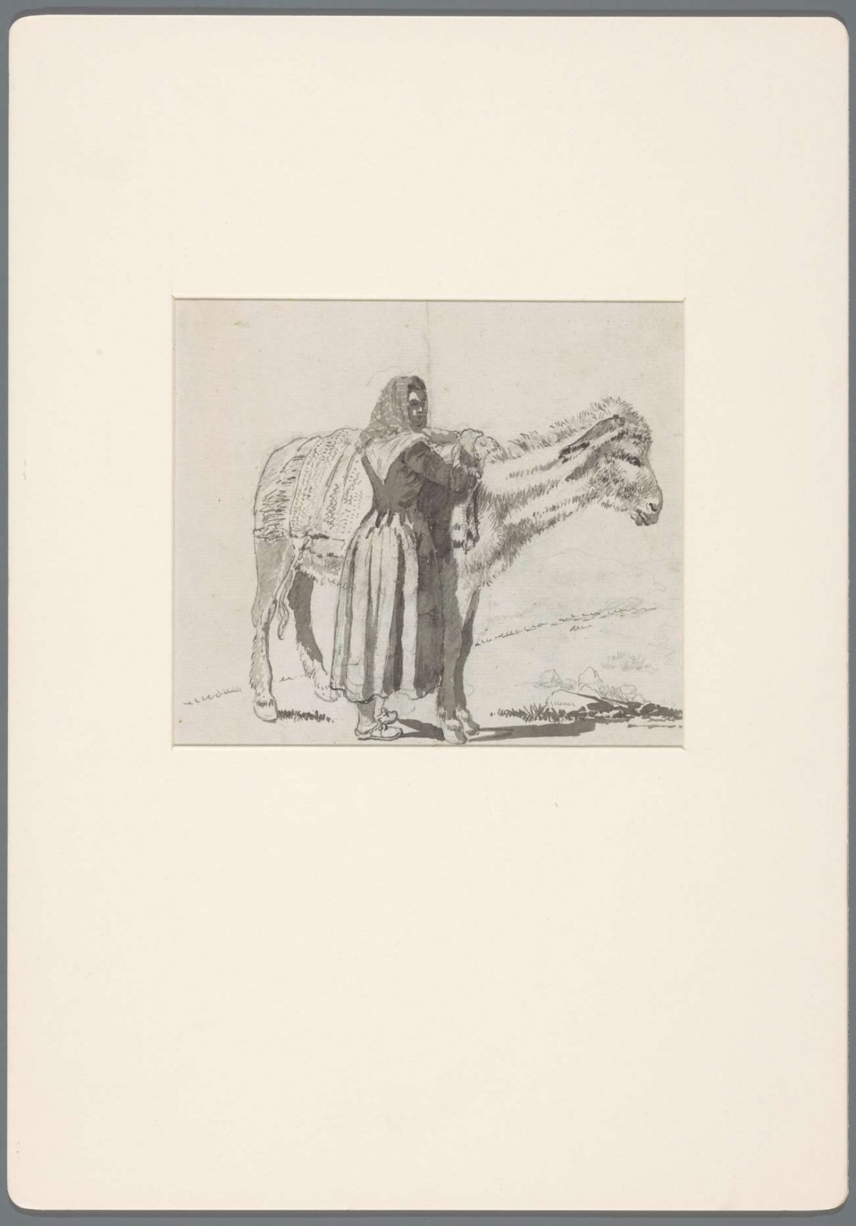 Peasant woman, standing by a donkey, David Alphonse de Sandoz-Rollin, 1750 - 1809