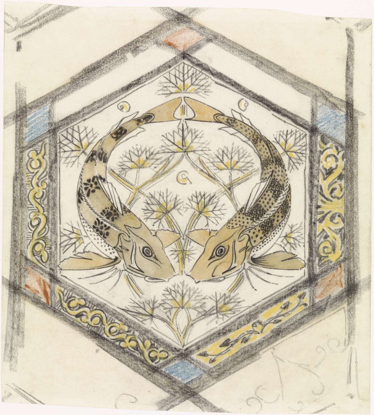 Decorative design featuring two fish in a hexagon, Gerrit Willem Dijsselhof, 1876 - 1924