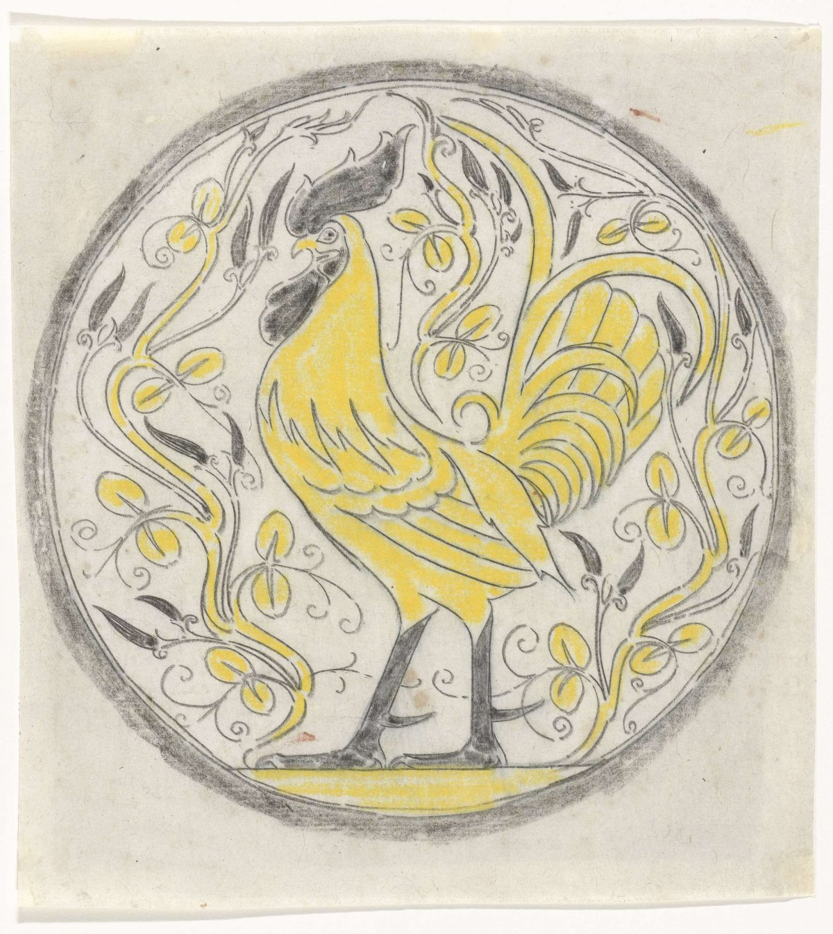 Decorative design with a rooster in a circle, Gerrit Willem Dijsselhof, 1876 - 1924