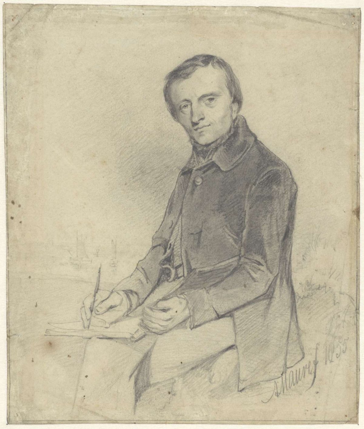 Portrait of a marine painter, holding a sketchbook, Anton Mauve, 1855