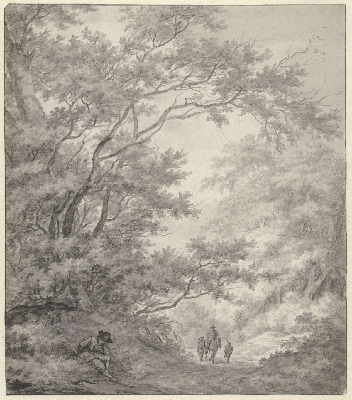 Road in a wooded area, on which three travelers approach, Franciscus Andreas Milatz, 1774 - 1808