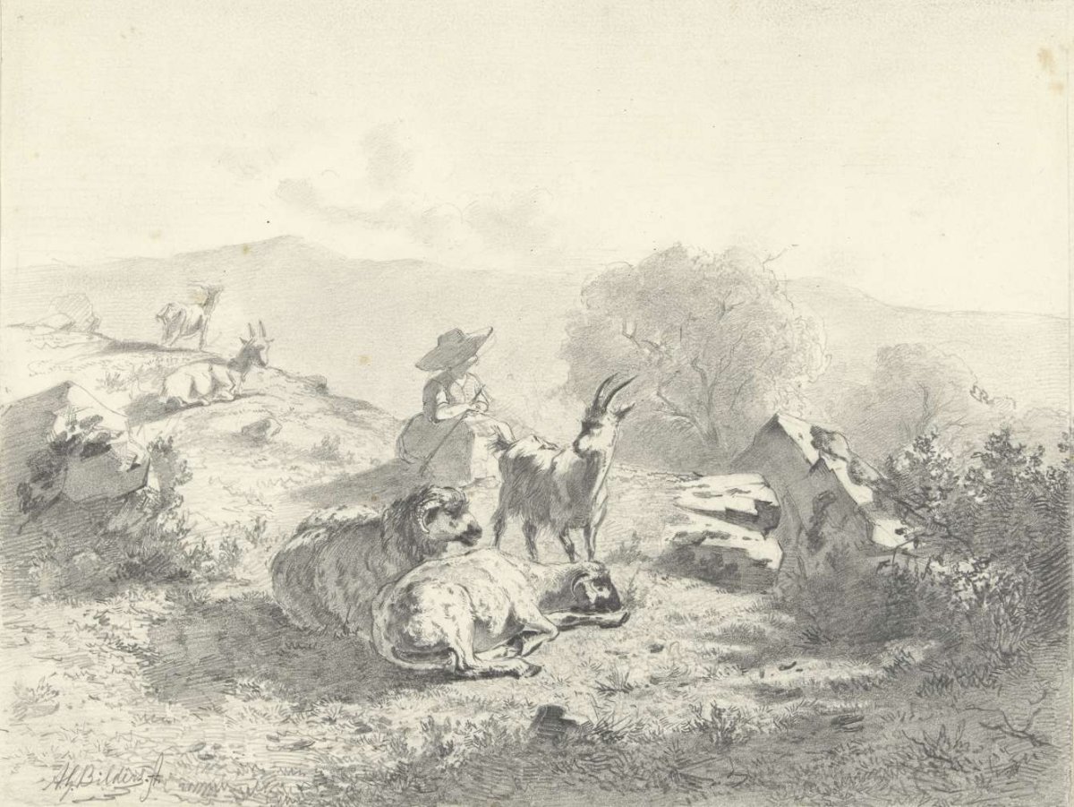 Shepherdess with goats and sheep in mountainous landscape, Gerard Bilders, 1848 - 1865