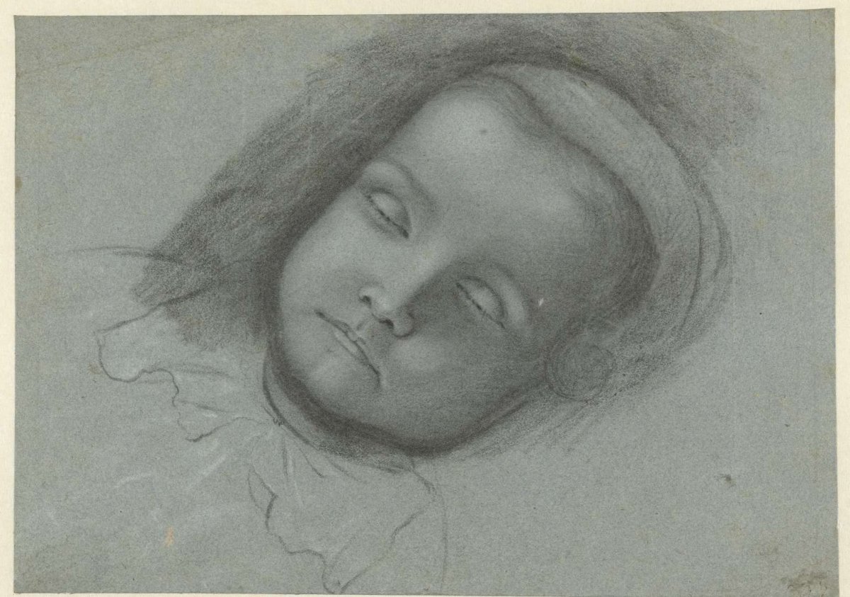 Head of a dead child, lying on bed, anonymous, 1600 - 1699