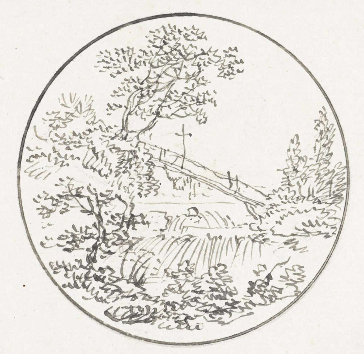 Landscape with bridge and waterfall, Pieter Bartholomeusz. Barbiers, 1782 - 1837