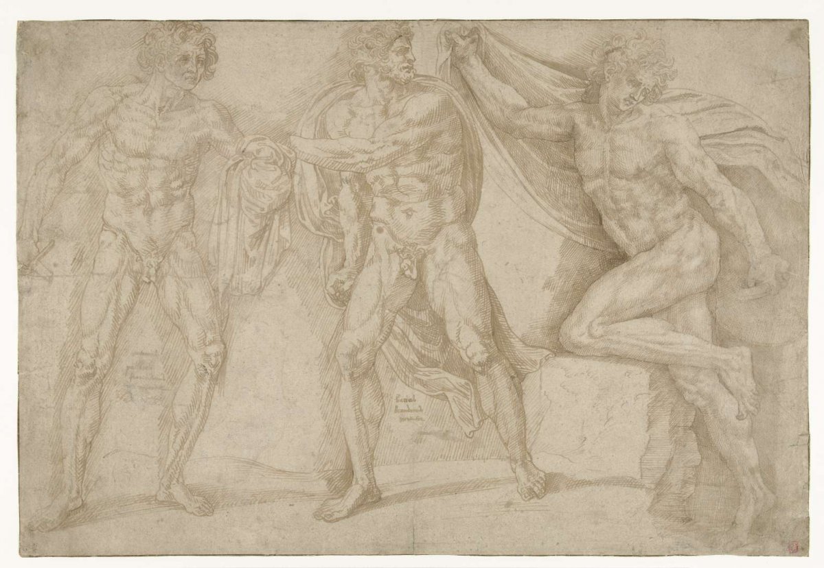 Three naked men in different poses, Lambert Lombard, 1537 - 1539