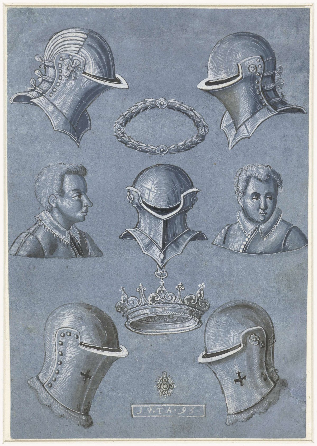 Leaf with five helmets, a crown, a laurel wreath and two busts of youths, Monogrammist TA, 1593