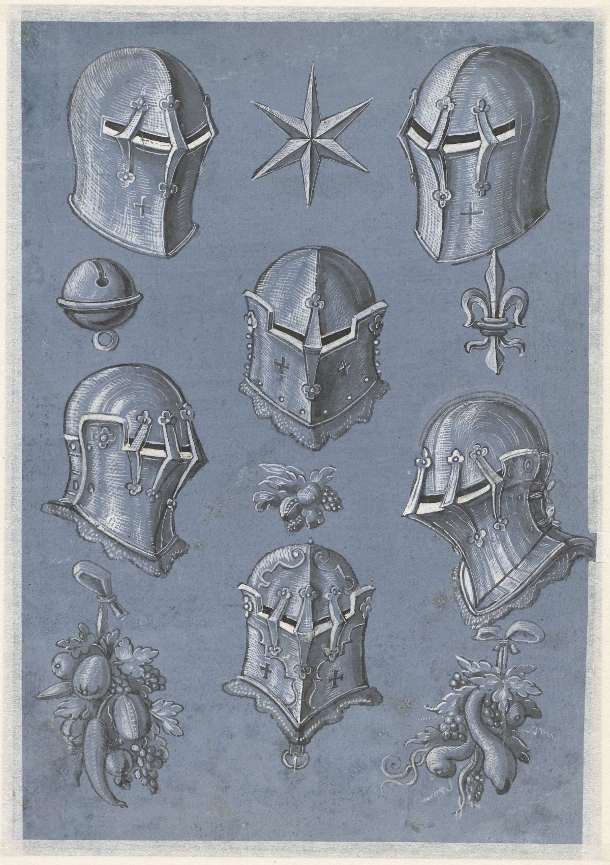 Leaf with six helmets, a star, a heraldic lily, a bell and three fruit clusters, Monogrammist TA, 1593