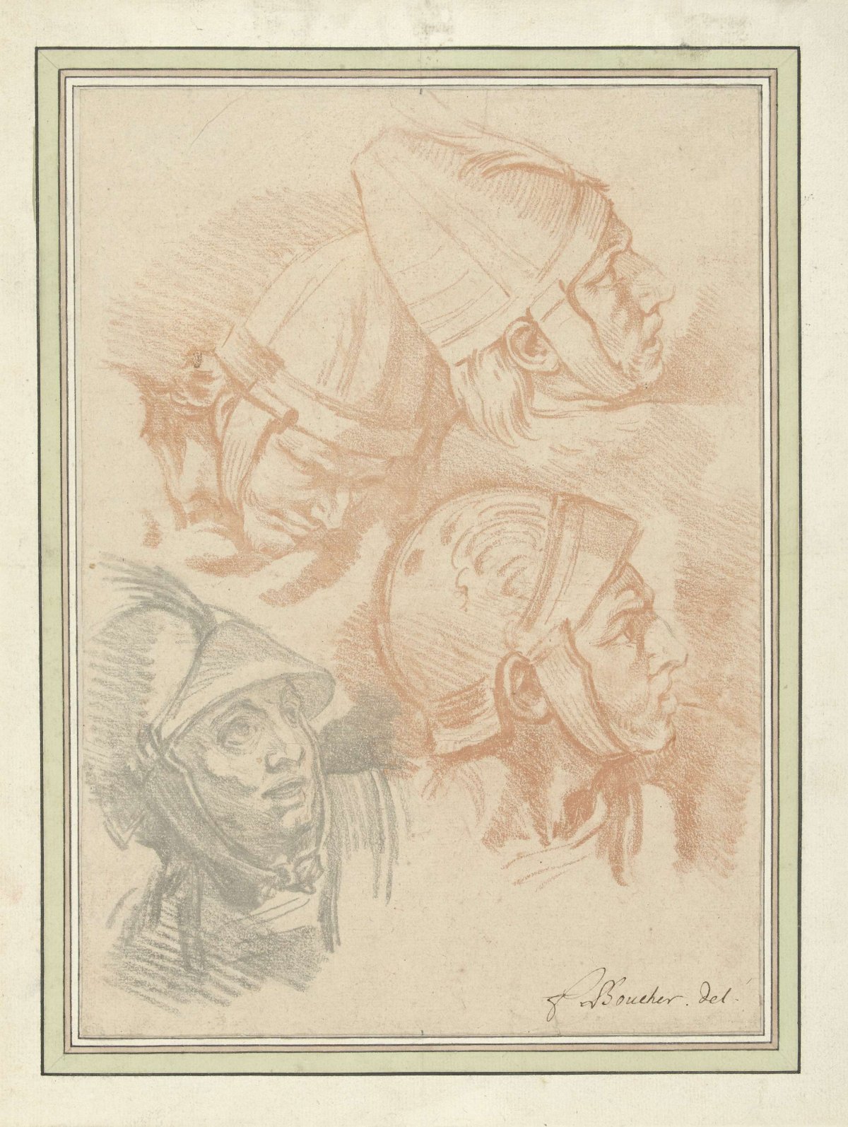 Study sheet with four soldiers' heads, after the Column of Trajan (design for a plate in ''Recueil de différents caractères des testes dessinées d'apres la Colonne Trajane'', etched by J.B. Hutin, published by Gabriel Huquier), François Boucher, 1760 - 1770