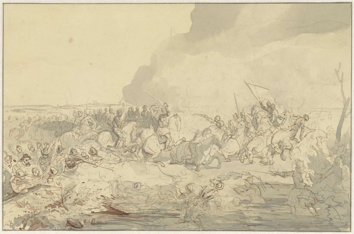 Battle between cavalry and footmen in 16th-century attire, Charles Rochussen, 1824 - 1894