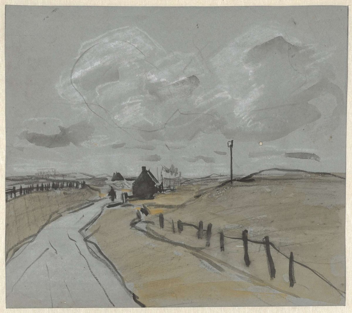 View along a road with high verges and fences, Jan van Essen, 1864 - 1936