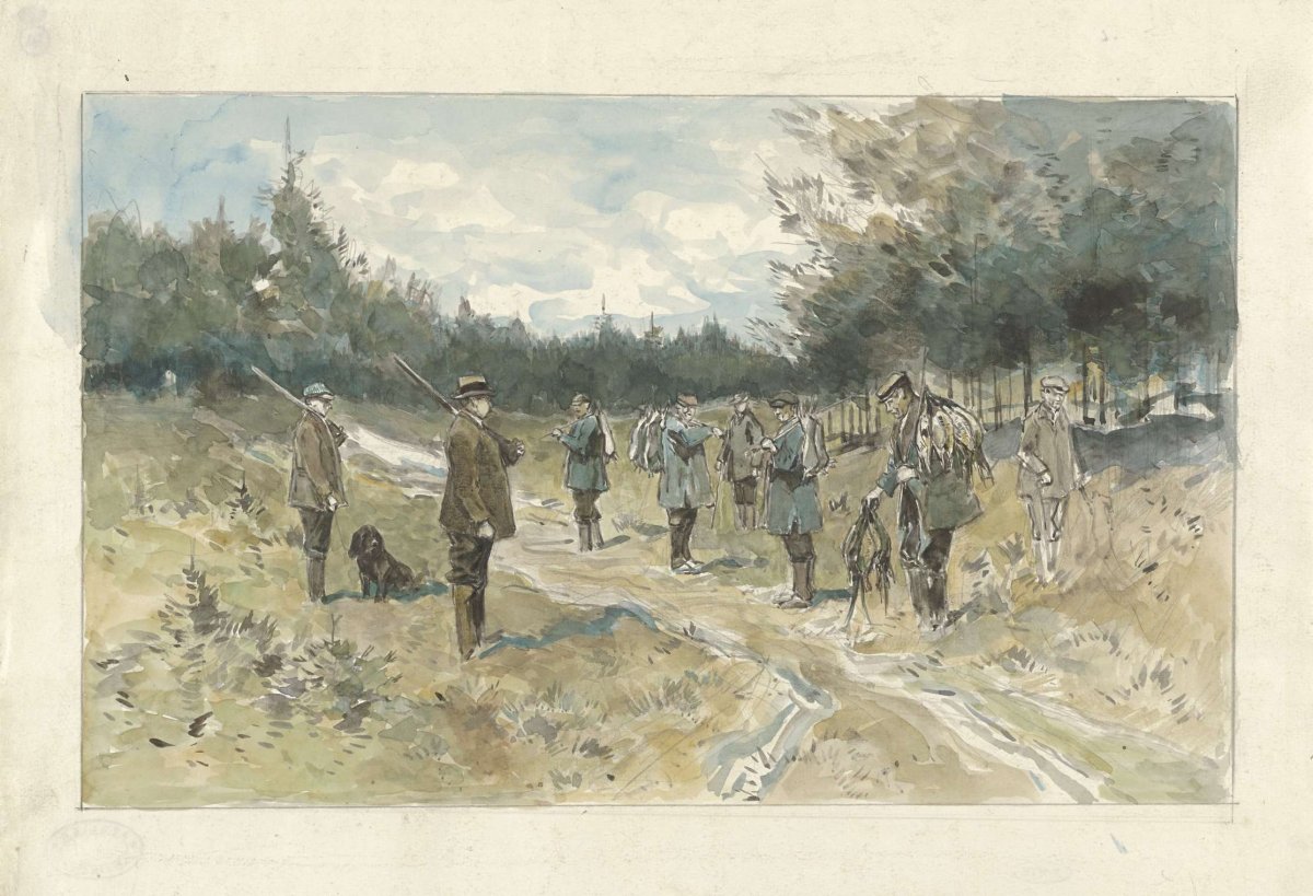 Landscape with group of hunters after hunting on the Leusderhei, Jan van Essen, 1864 - 1936