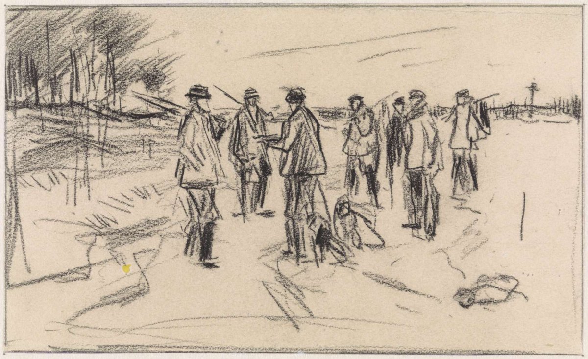 Group of resting hunters after hunting, Jan van Essen, 1864 - 1936