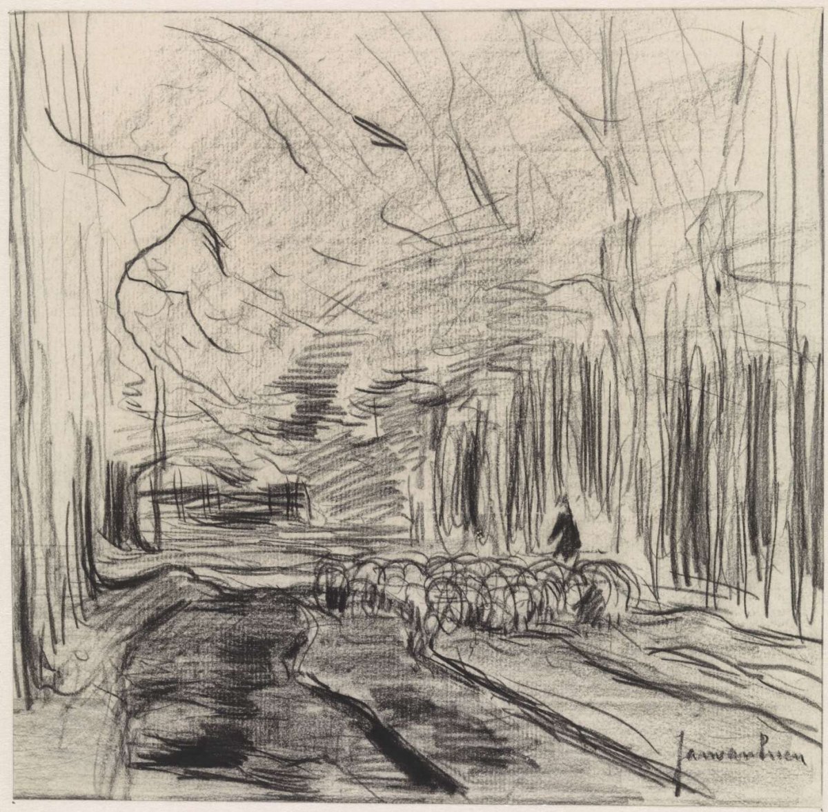 Flock of sheep in a forest, Jan van Essen, 1864 - 1936