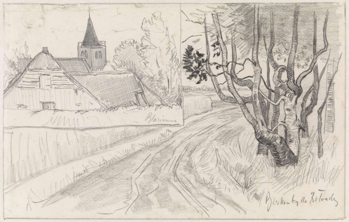 The birches near the Blaricum traffic circle and church, Jan van Essen, 1864 - 1936
