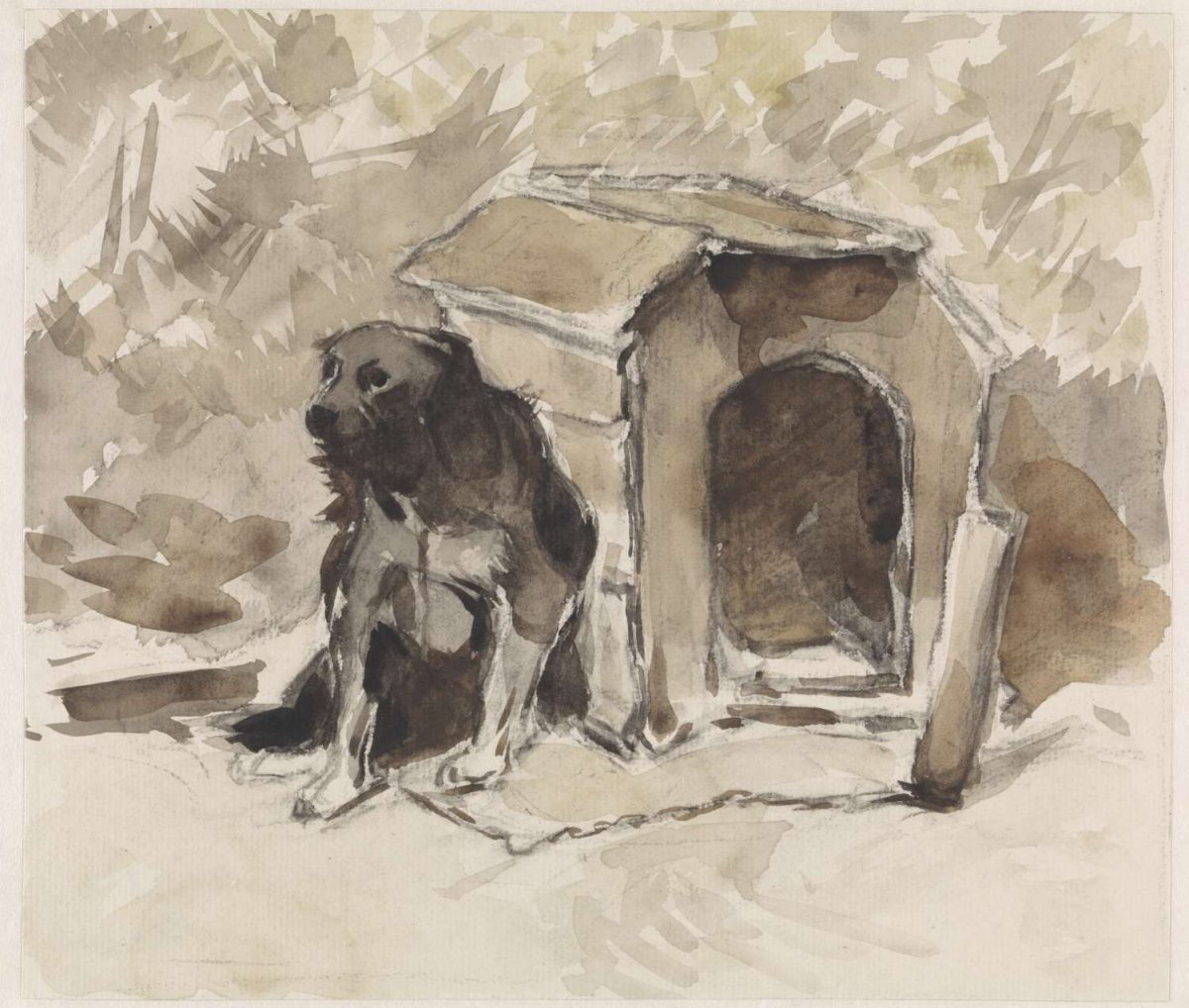 Dog, leashed sitting in front of his pen, Jan van Essen, 1864 - 1936