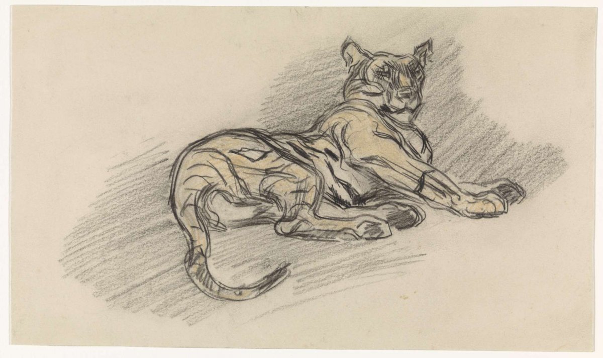 Reclining tiger, to the right, Jan van Essen, 1864 - 1936