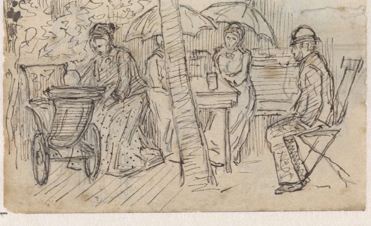 Companion with a stroller around a table under a tree, Jan van Essen, 1864 - 1936