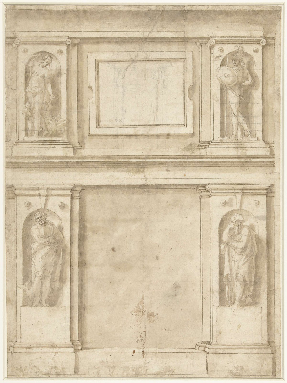 Design for the layout of a wall surface, with images of Mars and Venus, and Jupiter and Saturn (?), Lelio Orsi, 1521 - 1587