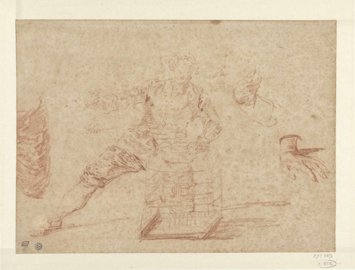 Sketches of a man, two hands and a piece of drapery, Nicolas Lancret, 1700 - 1745