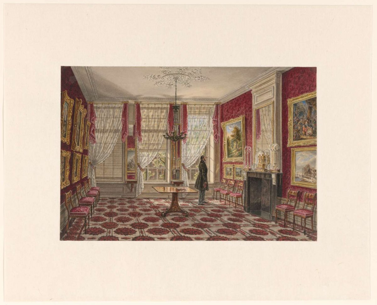 19th century interior with paintings and standing figure, Augustus Wijnantz, 1842 - 1848