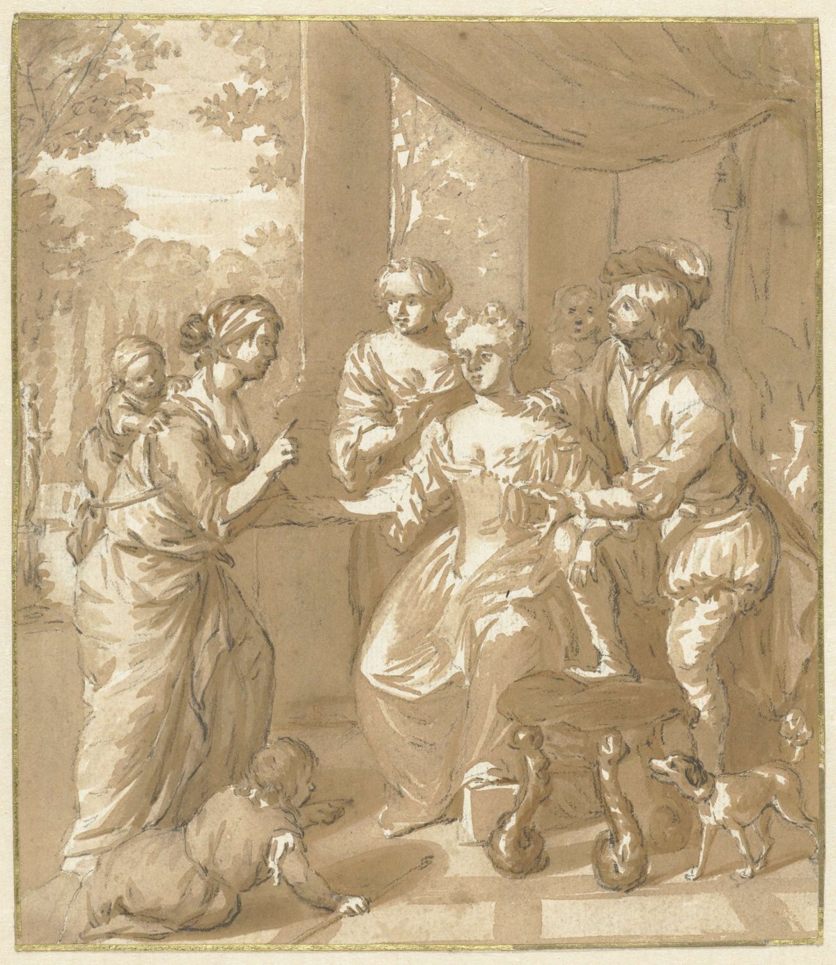 Soothsayer with child reads lady's hand, Nicolaas Verkolje, 1693 - 1695