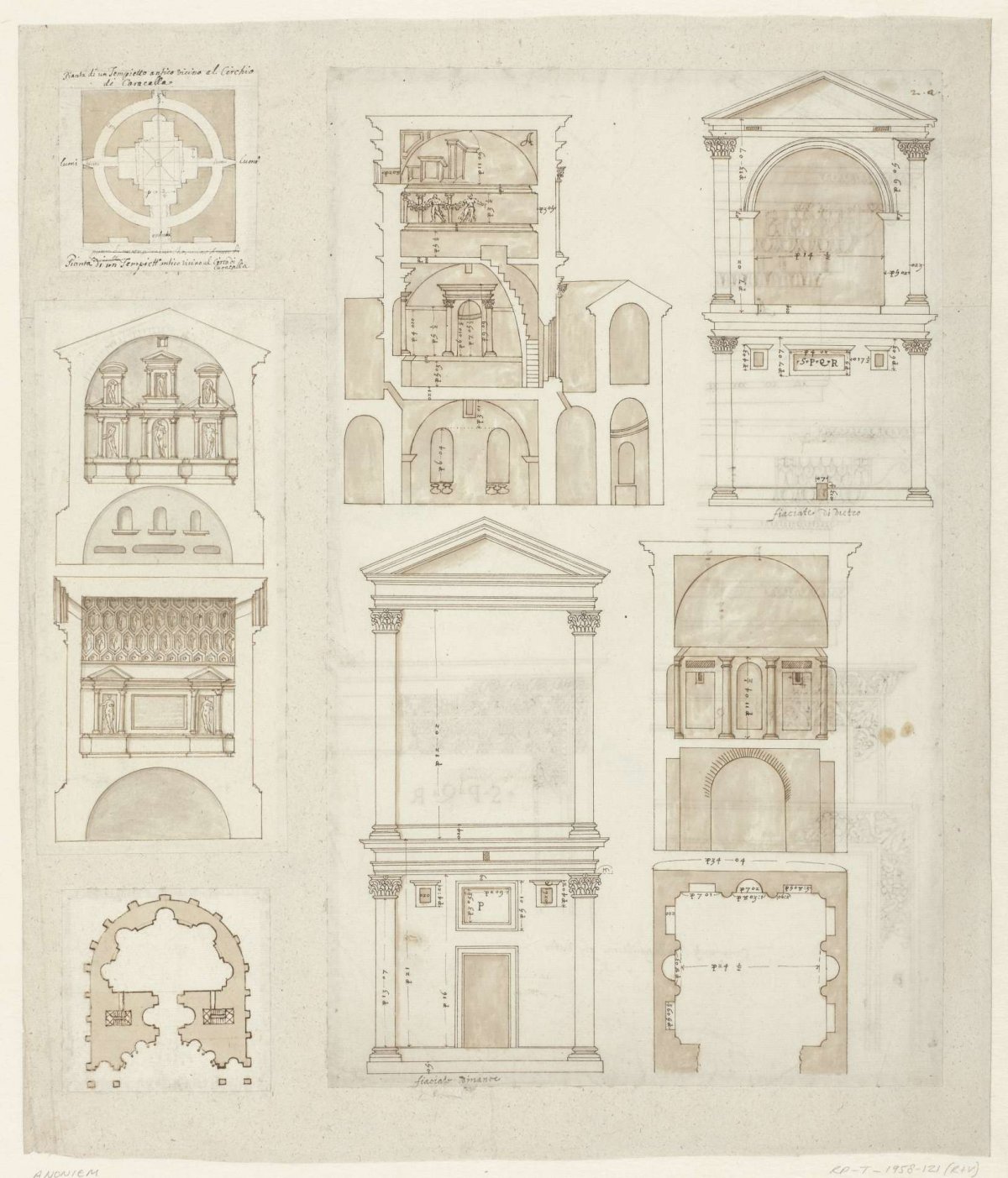 Four sheets of architectural drawings to funerary monuments, anonymous, 1550 - 1599