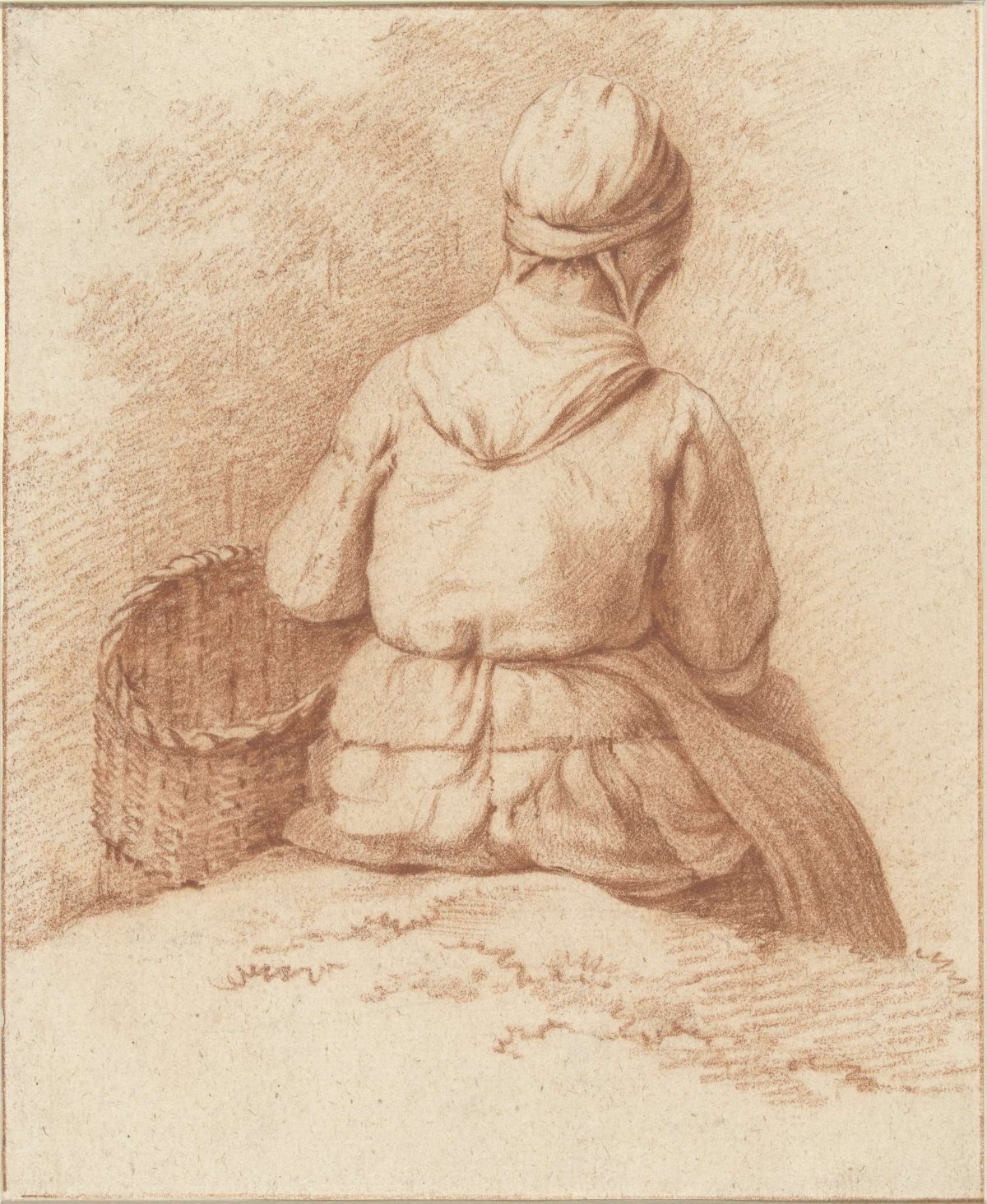 Seated fisherwoman carrying a basket on her arm, seen from behind, Abraham Johannes Ruytenschildt, 1766 - 1815
