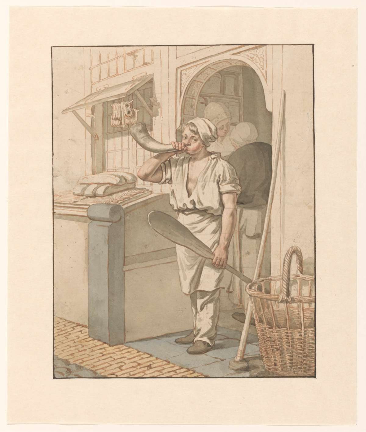 Baker blows a horn in front of his store, Pieter Christoffel Wonder, 1790 - 1852