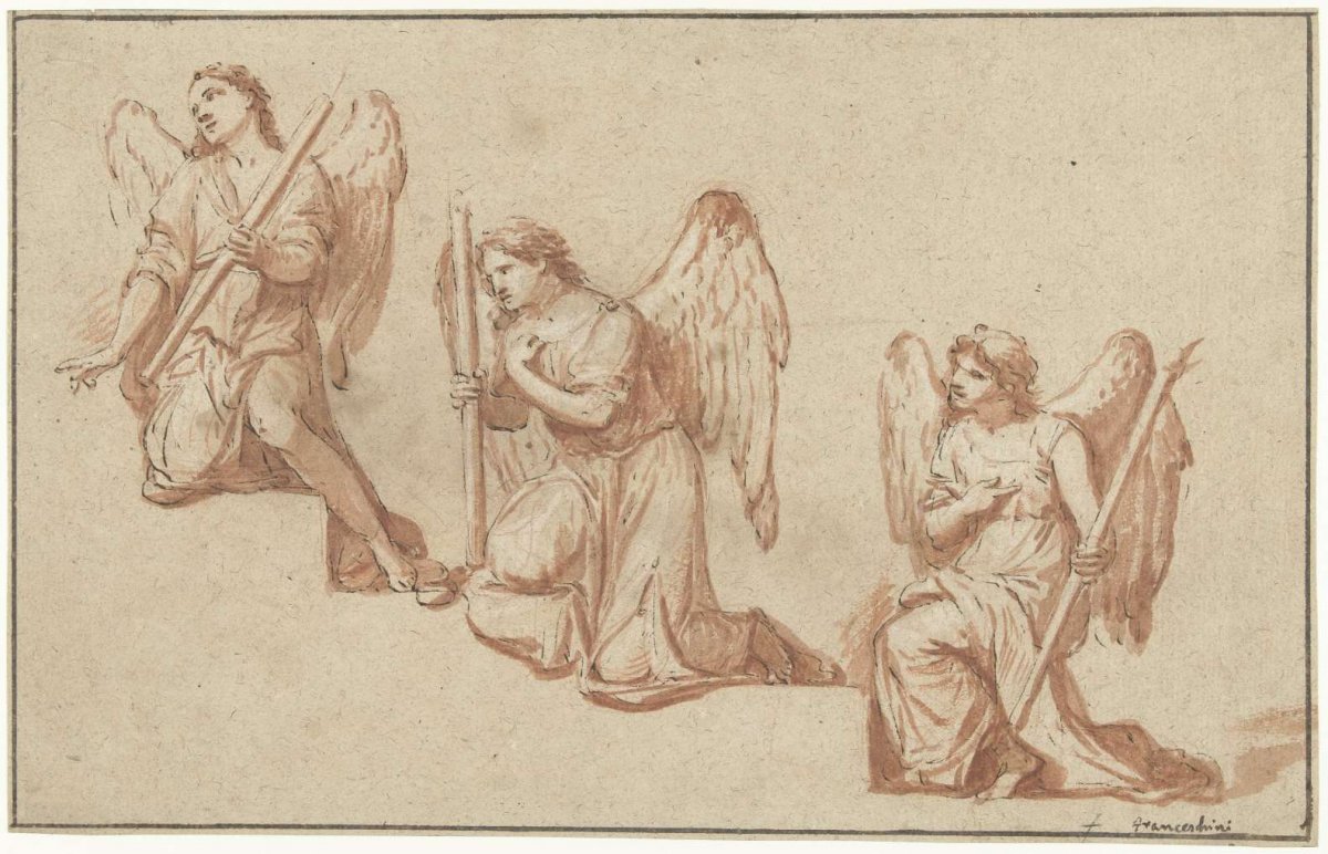Three studies of kneeling angels with a torch, Marco Antonio Franceschini, 1690 - 1699