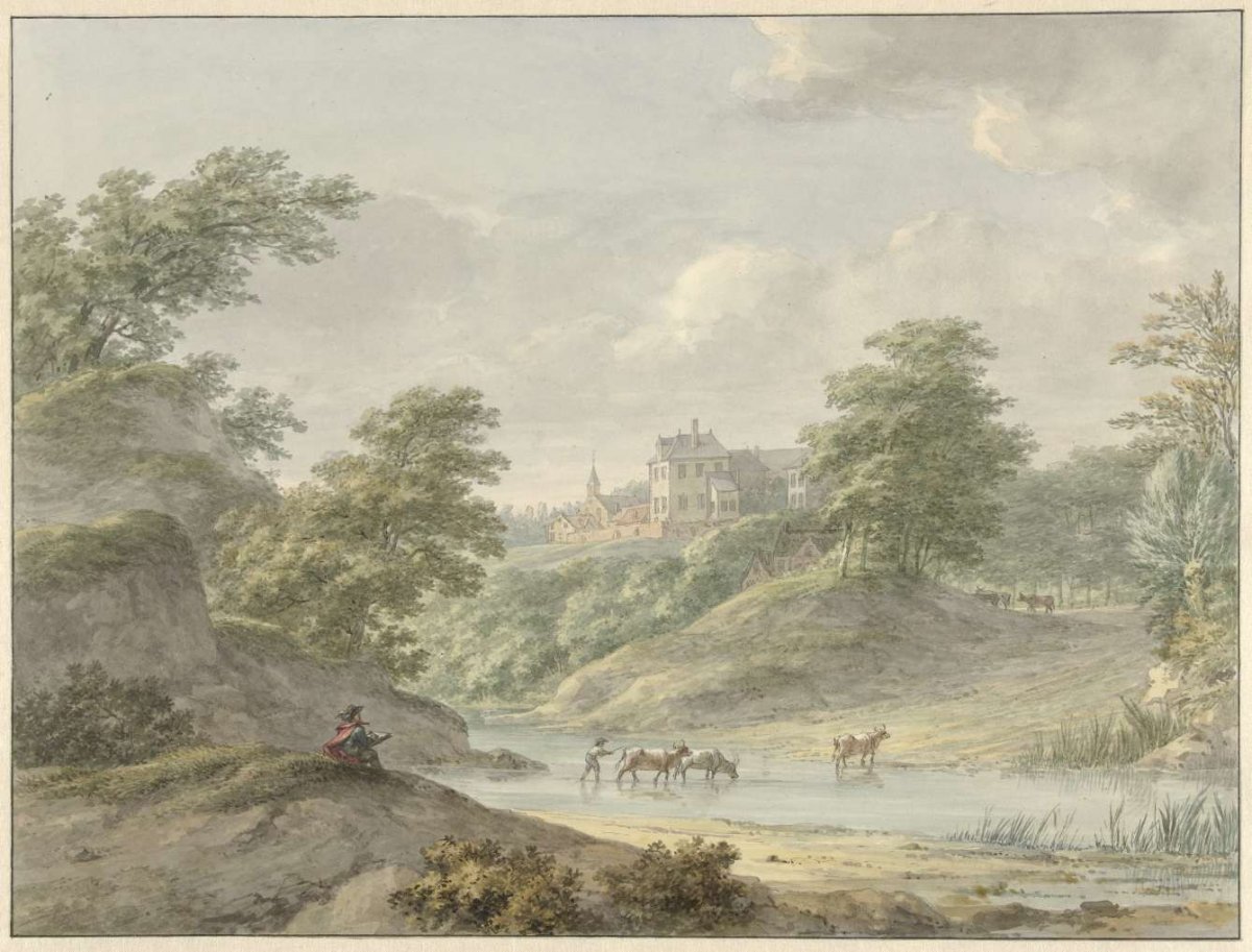 Landscape with seated draftsman and castle on waterfront, Hermanus Numan, 1754 - 1820